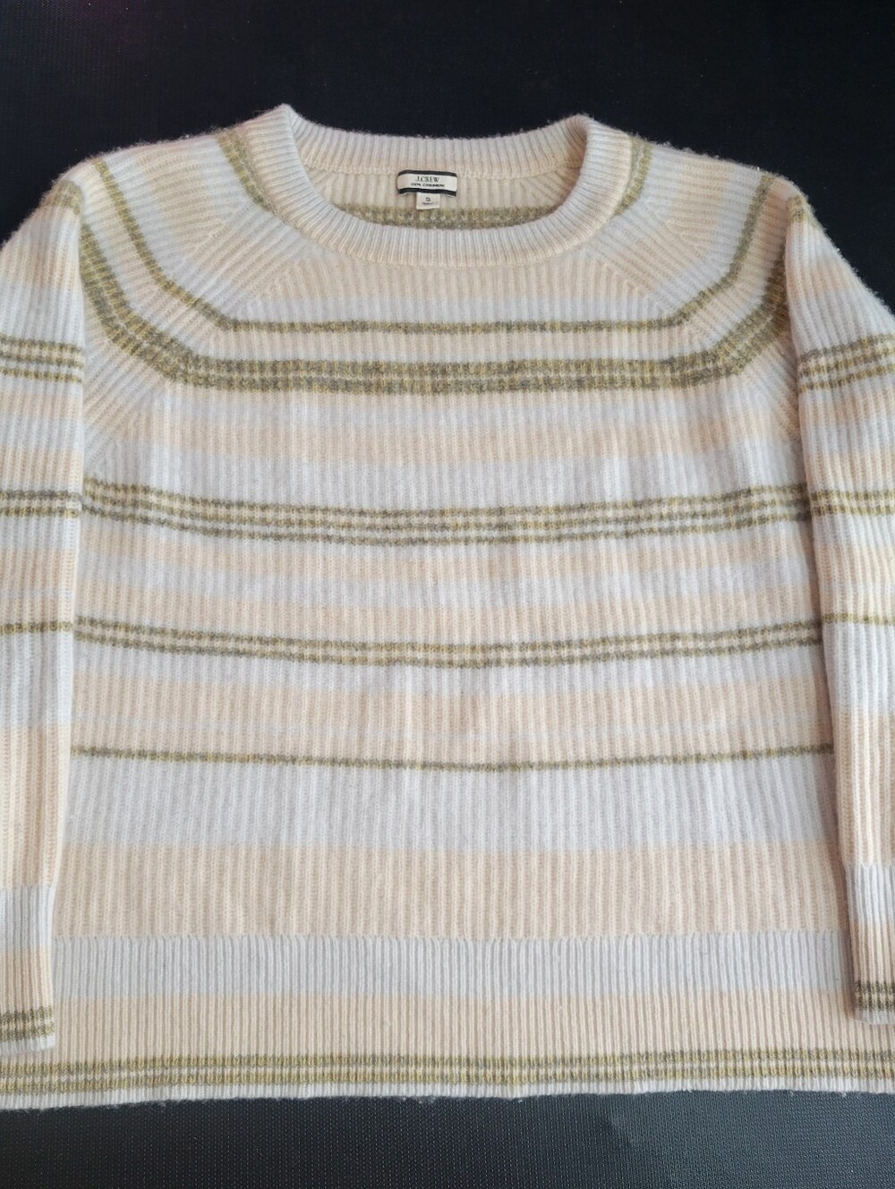 J. Crew 100% Cashmere Neutral Striped Small S Crewneck Pullover Sweater